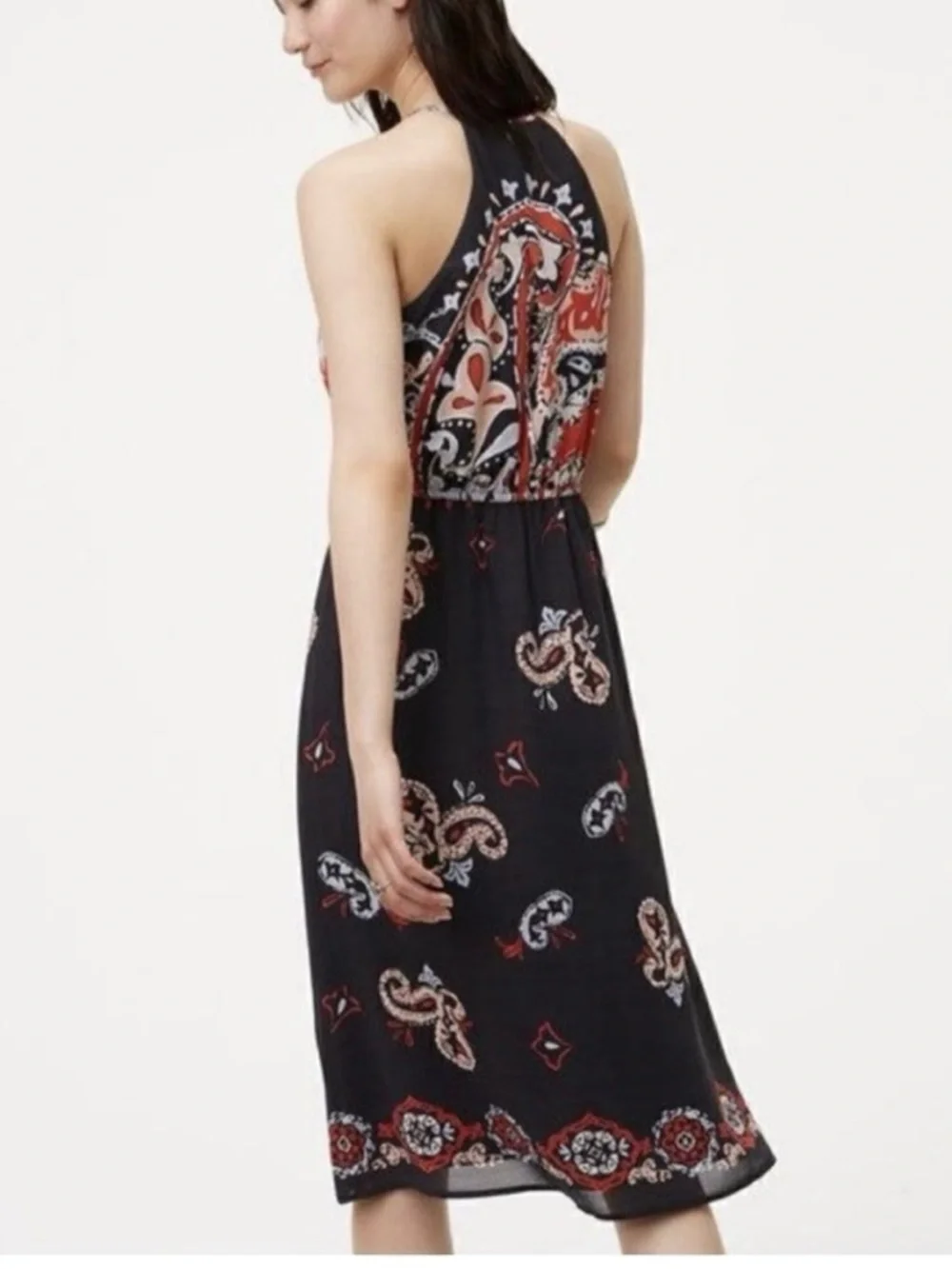 LOFT Black Red and Cream Paisley Halter Midi Dress - Picture 3 of 9